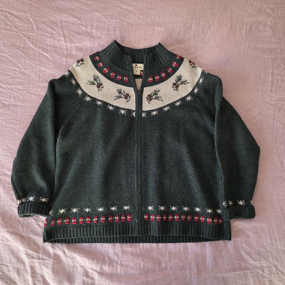 Woolrich Green Sweater with Red Floral Accents